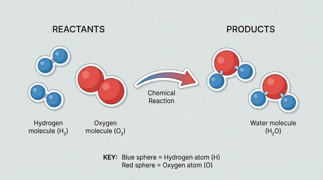 Color-coded particles showing two hydrogen molecules and one oxygen molecule rearranging into two water molecules, with hydrogen and oxygen atom counts preserved
