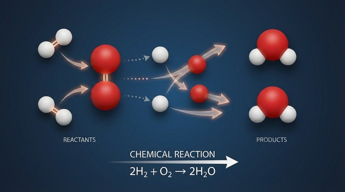 Particle-level sequence showing hydrogen molecules (H2 as two small white circles) and oxygen molecules (O2 as two larger red circles) reacting to form water molecules (H2O as two white circles bonded to one red circle). Arrows show bonds breaking and reforming.