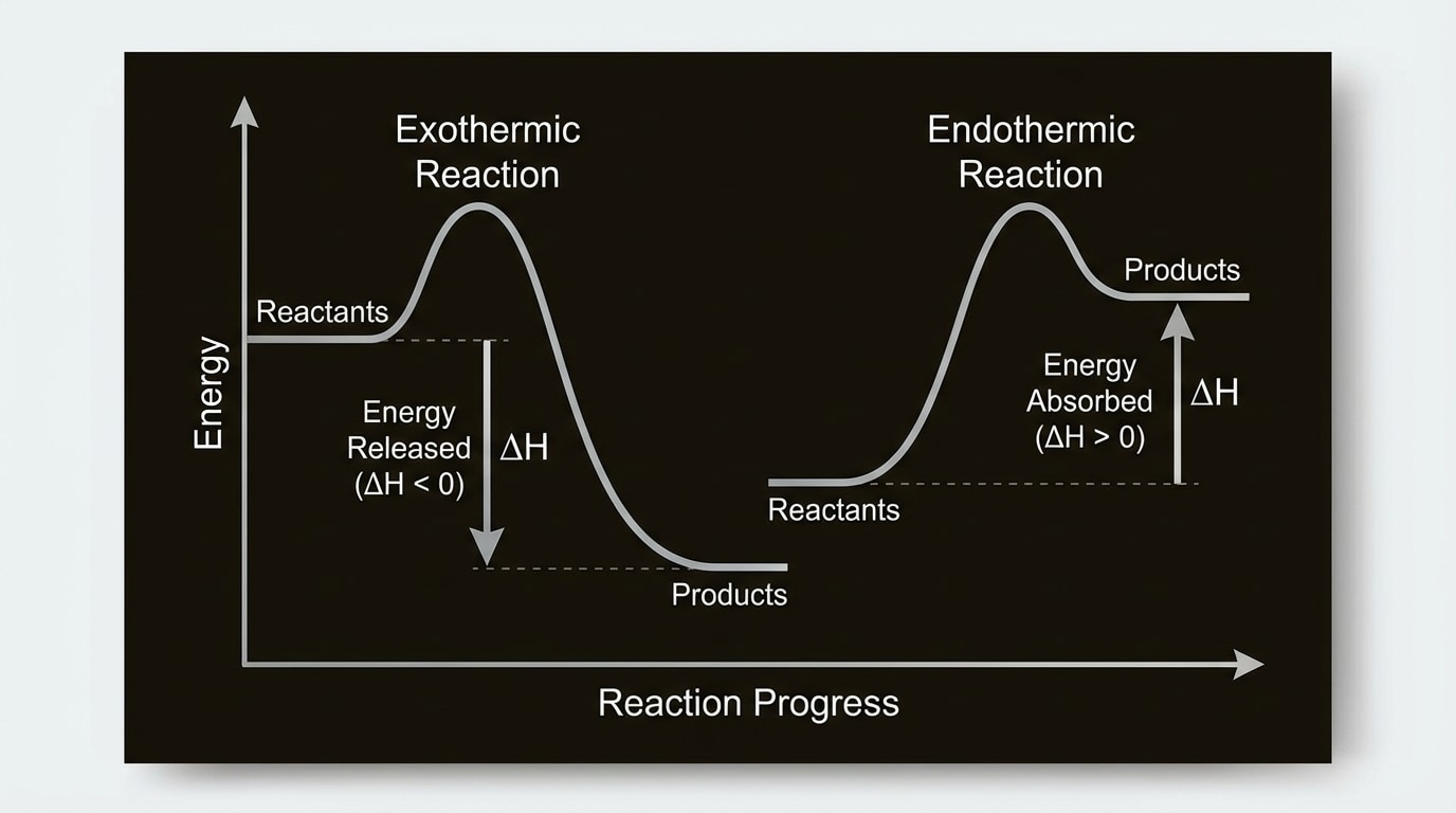 Simple reaction energy diagram with energy on vertical axis and reaction progress on horizontal axis. Two curves: one downhill labeled “exothermic” with products lower than reactants, and one uphill labeled “endothermic” with products higher. Arrows show energy released vs absorbed.