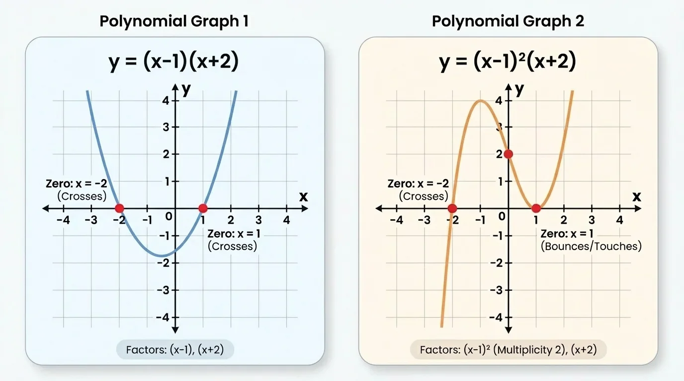 Side-by-side graphs: (1) y = (x-1)(x+2) showing two x-intercepts at x = -2 and x = 1 where the graph crosses the axis; (2) y = (x-1)^2(x+2) showing the graph touching and bouncing off the axis at x = 1 and crossing at x = -2. Axes labeled x and y, intercepts marked as points.