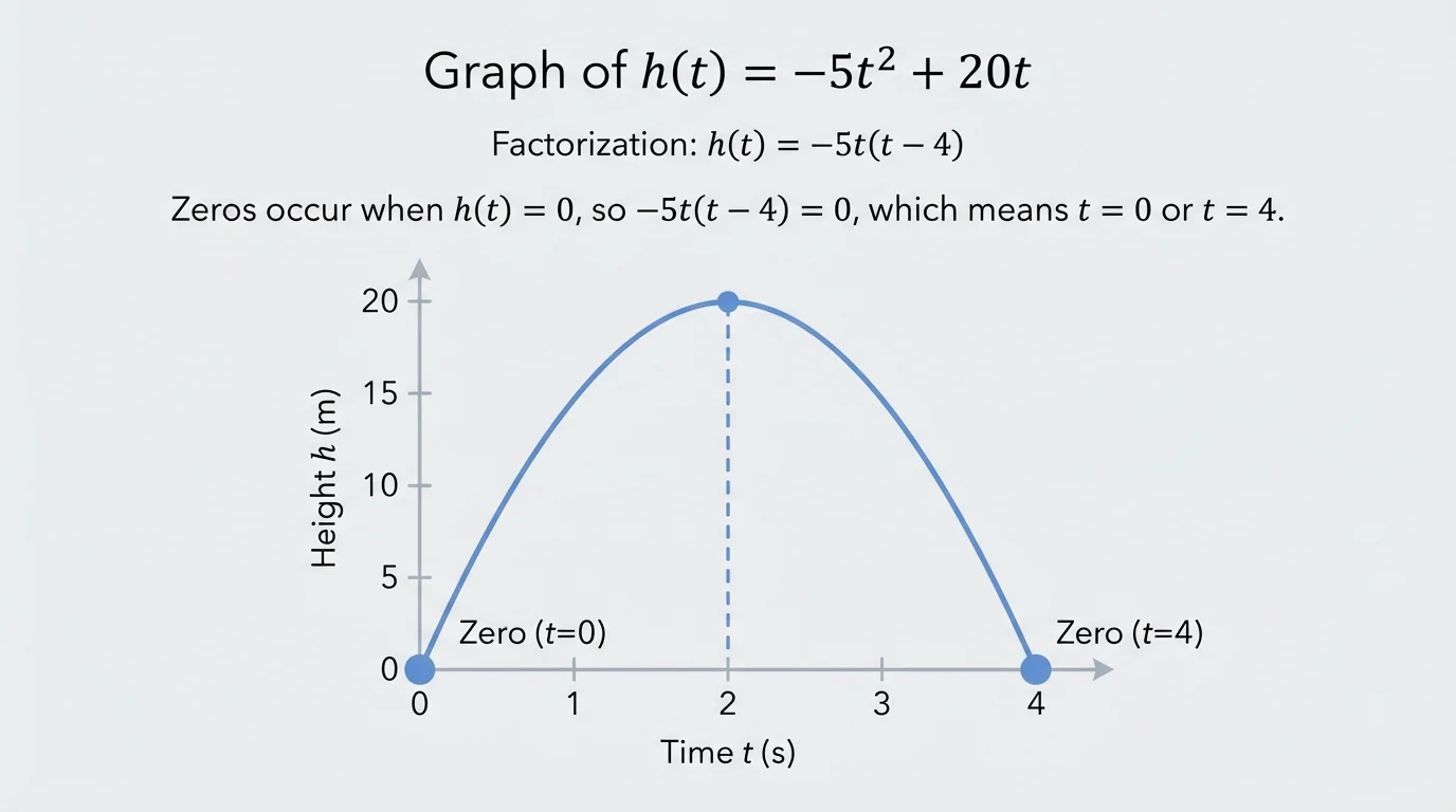 Height vs time graph of h(t) = -5t^2 + 20t with t on horizontal axis, h on vertical axis, parabola opening downward starting at (0,0), peaking above the axis, then returning to the axis at t=4. Zeros labeled at t = 0 and t = 4.