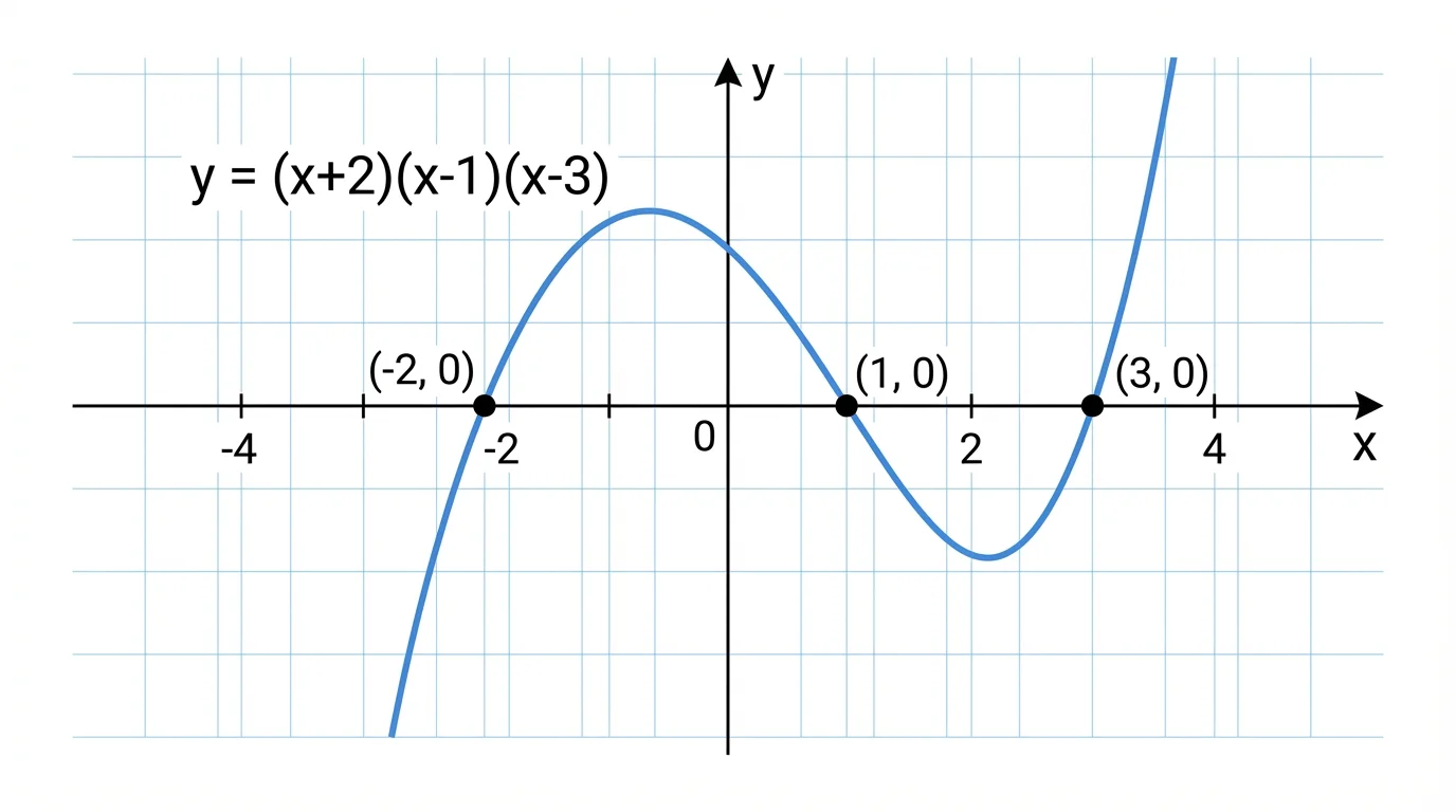 Graph of y = (x+2)(x-1)(x-3) on a coordinate plane, with x-intercepts labeled at -2, 1, and 3, left end down, right end up, and two smooth turning points between the intercepts.