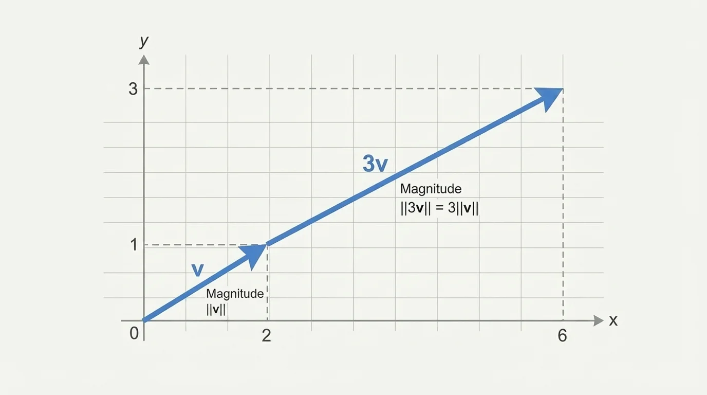 Coordinate plane with arrows from the origin to (2,1) and (6,3), labeled v and 3v, showing same direction and triple length