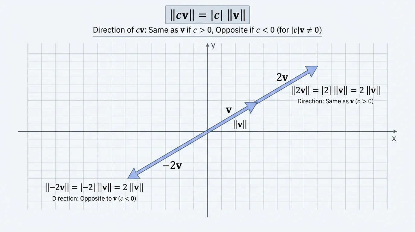 Coordinate plane with three collinear arrows from the origin labeled v, 2v, and -2v, showing that 2v points the same way as v and -2v points the opposite way with double length