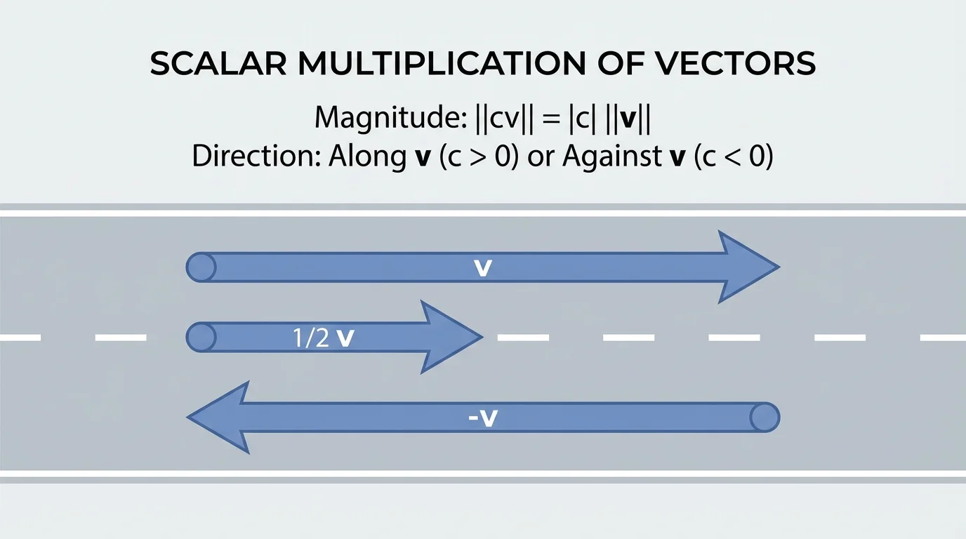 Straight road with one long arrow pointing right for velocity v, a shorter arrow pointing right for 1/2 v, and an equal-length arrow pointing left for -v