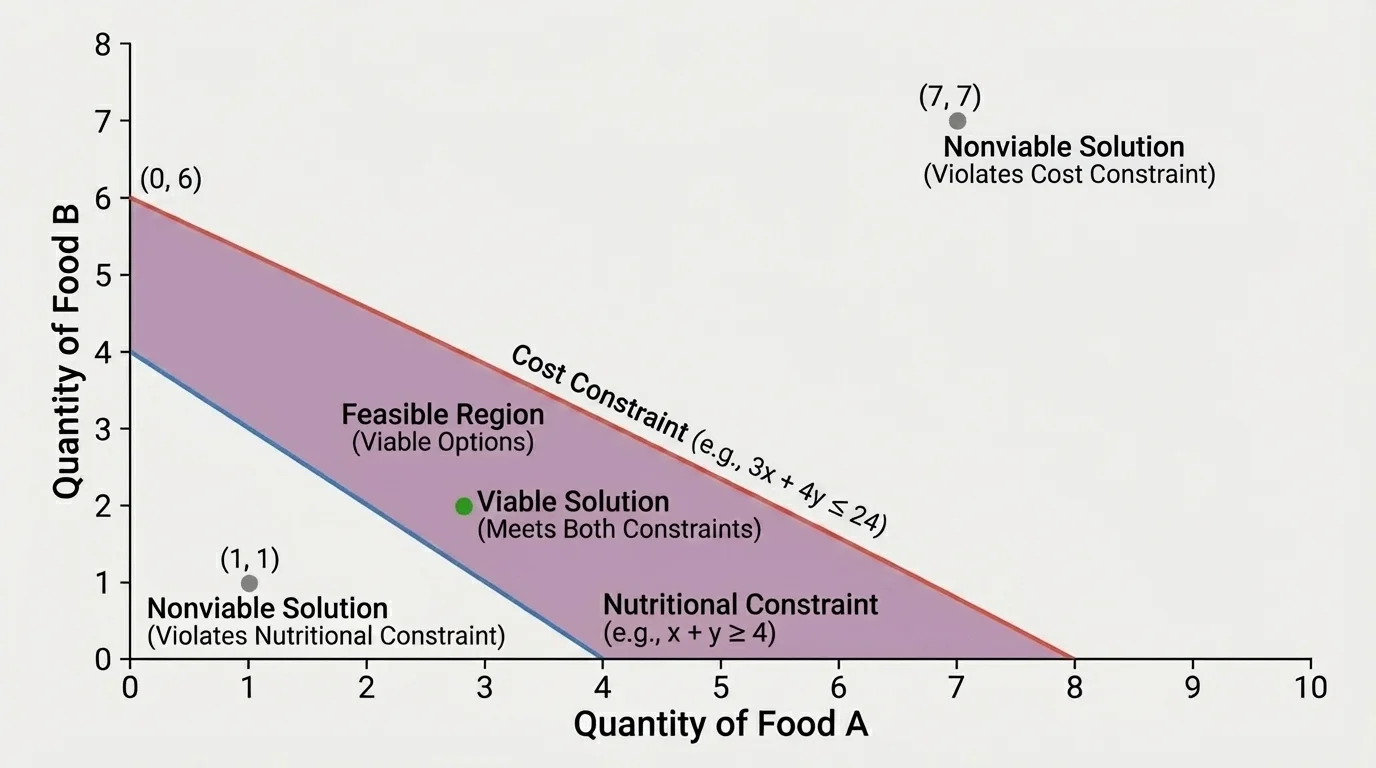 coordinate plane in the first quadrant with two boundary lines, shaded half-planes, and the overlapping feasible region highlighted