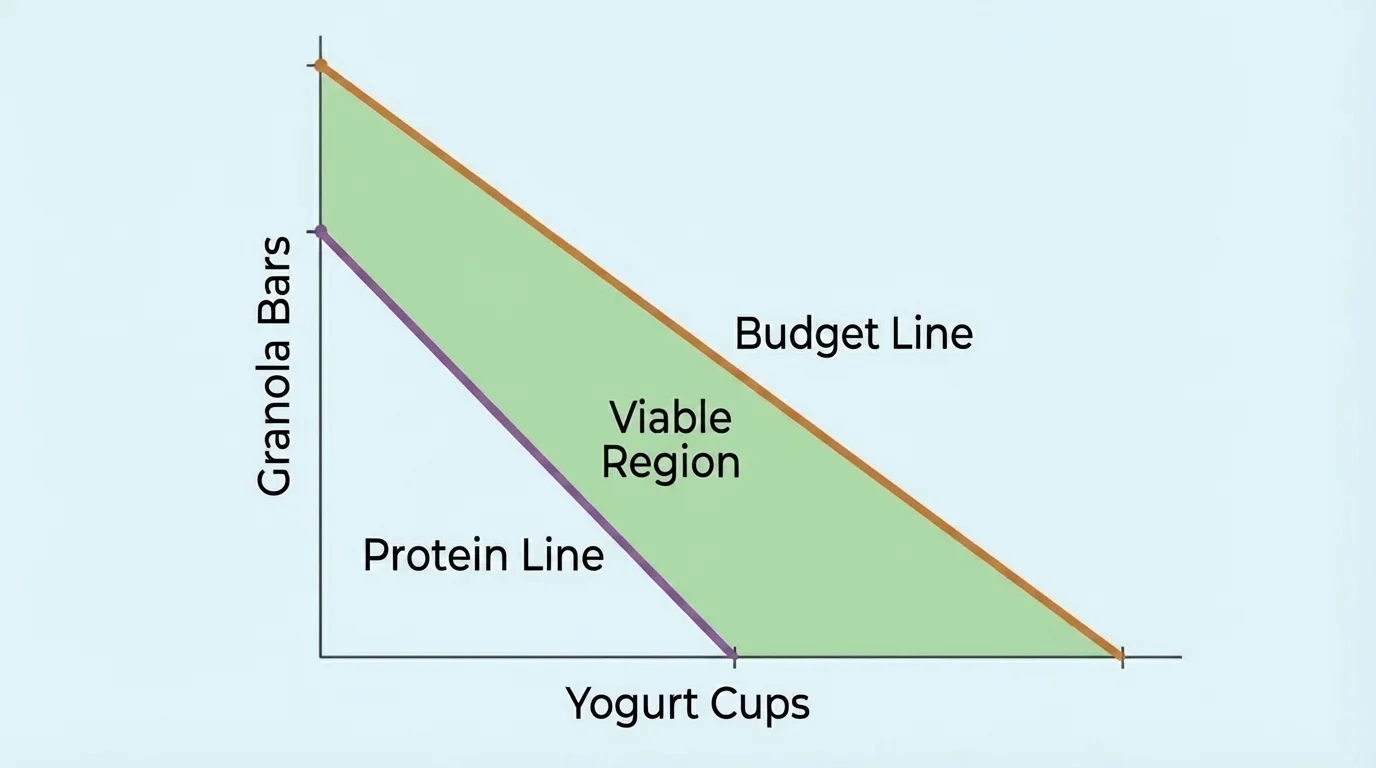first-quadrant graph with x-axis as yogurt cups and y-axis as granola bars, one budget line, one protein line, and shaded viable region