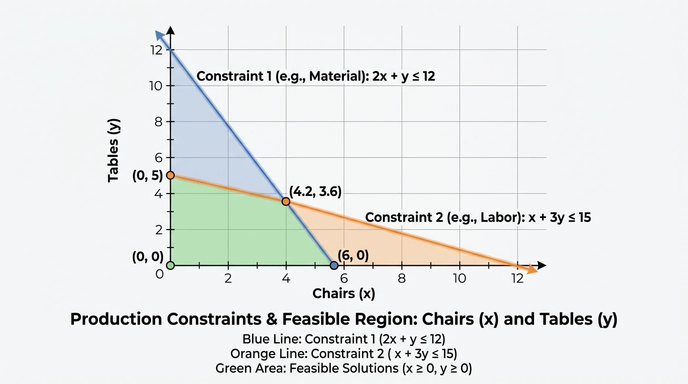 coordinate graph with chairs on x-axis and tables on y-axis, two boundary lines, shaded feasible polygon, and labeled corner points