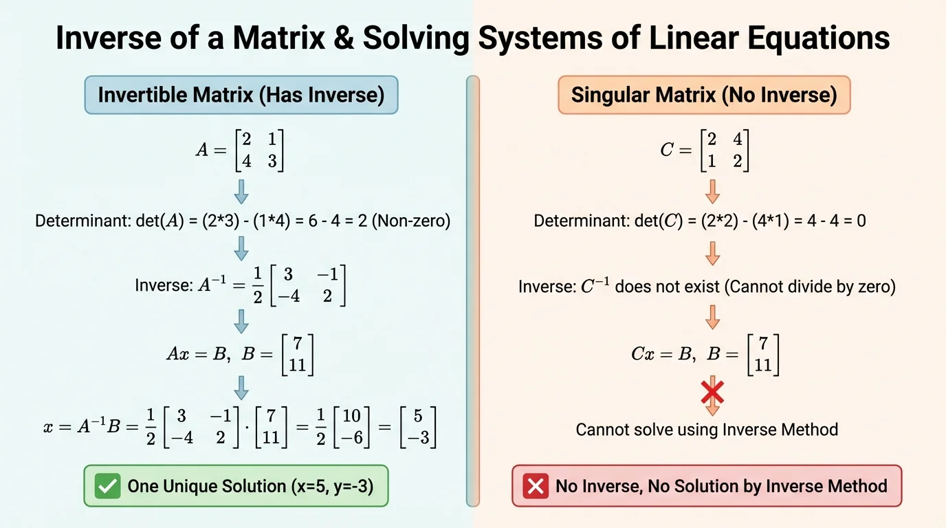 Comparison chart showing invertible matrix leading to one solution and singular matrix leading to no inverse