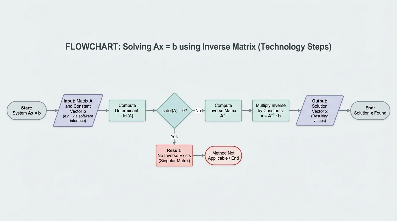 Flowchart of technology steps: enter matrix, compute determinant, find inverse, multiply by constants vector