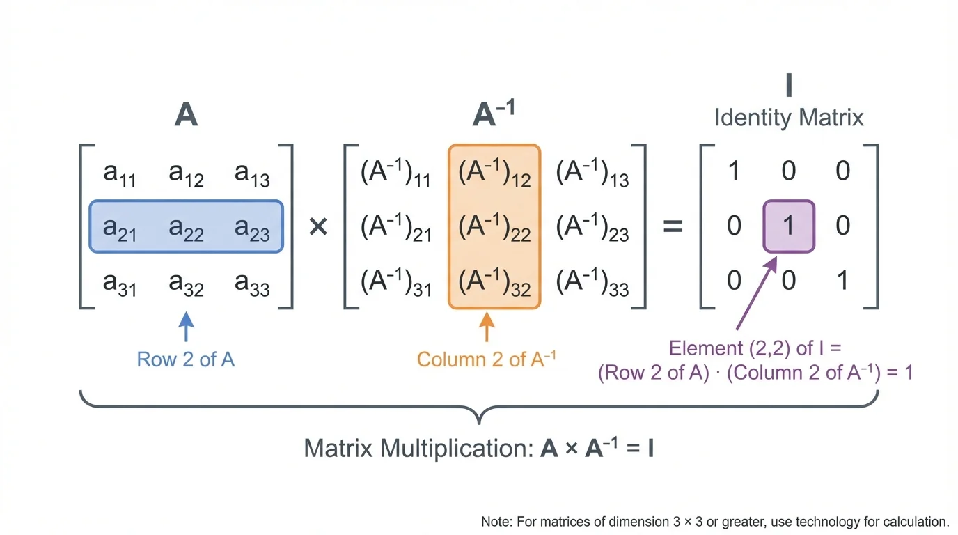 Square matrix multiplied by its inverse to produce the identity matrix, with rows and columns highlighted