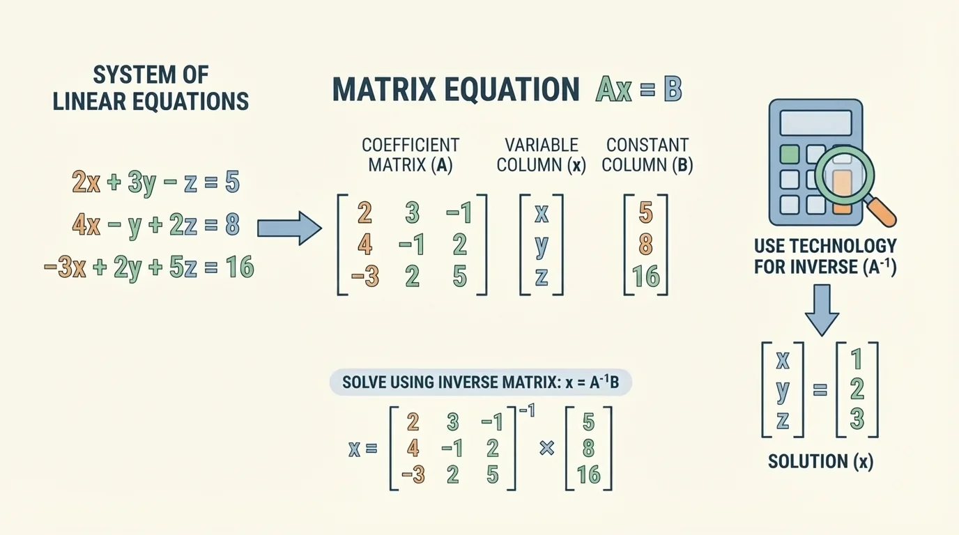 System of three linear equations rewritten as coefficient matrix, variable column, and constant column with matching arrows
