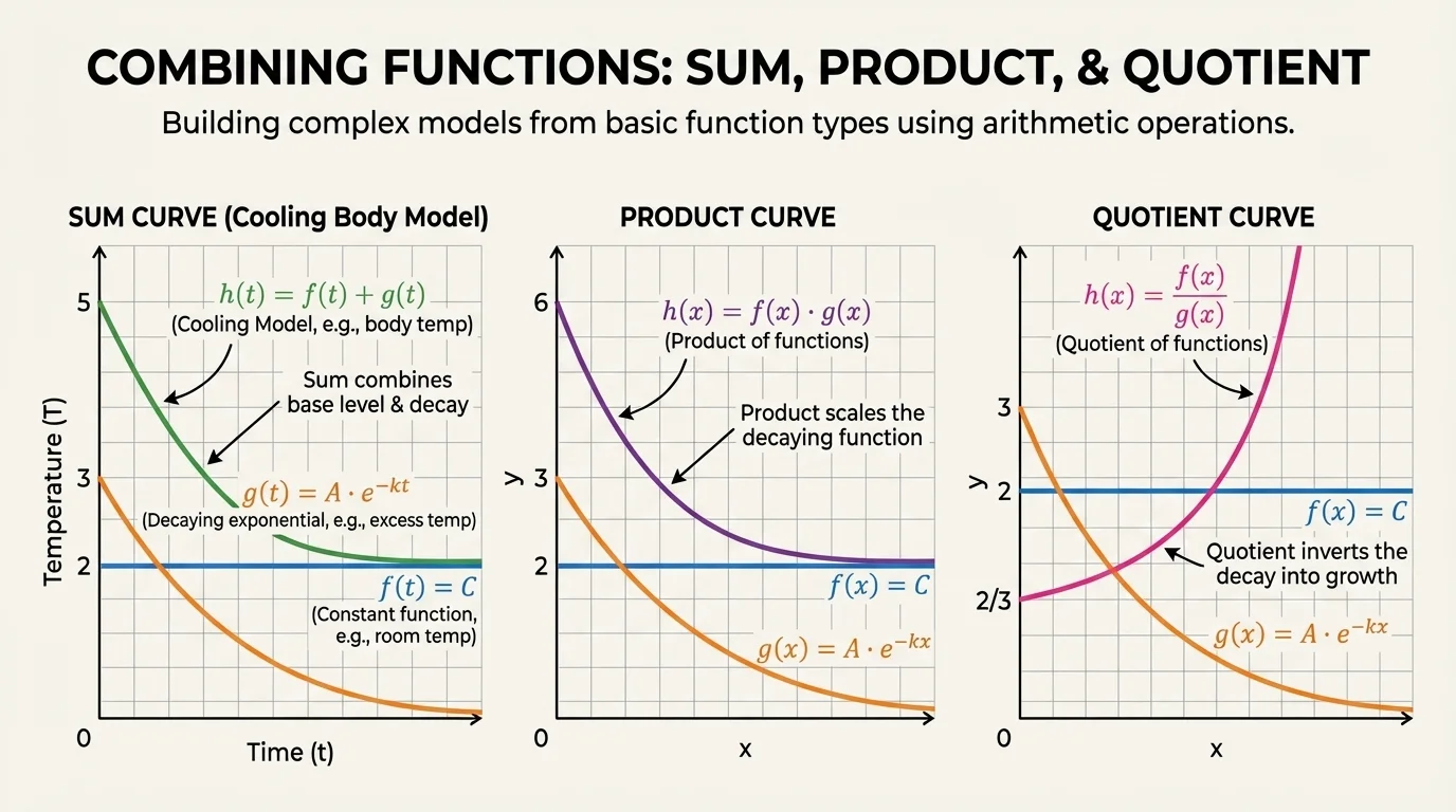 graph with three small coordinate panels comparing a sum curve, a product curve, and a quotient curve from the same basic functions