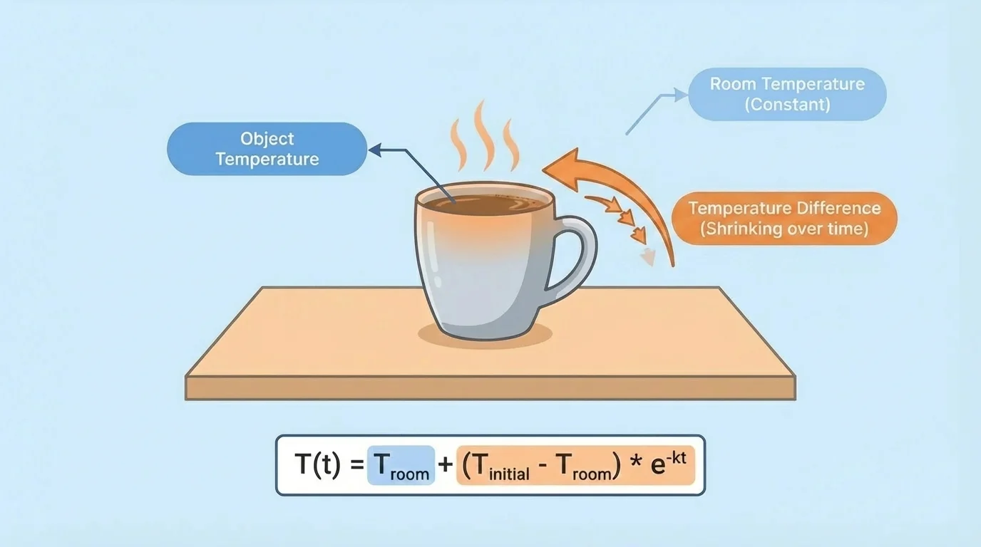 illustration of a hot cup of coffee cooling in a room, with arrows labeling object temperature, room temperature, and temperature difference shrinking over time