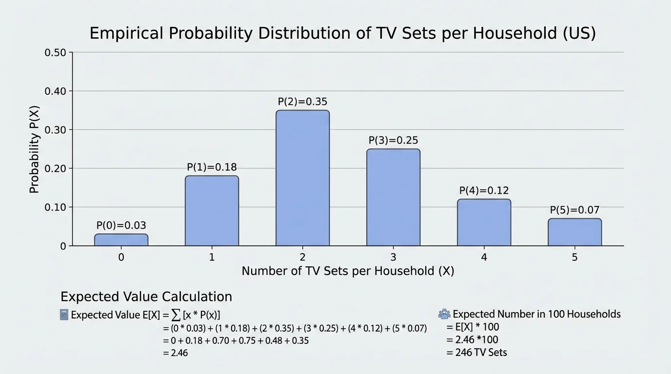 bar graph of empirical TV-set distribution with bars at 0, 1, 2, 3, 4, and 5 TV sets and probabilities on the vertical axis