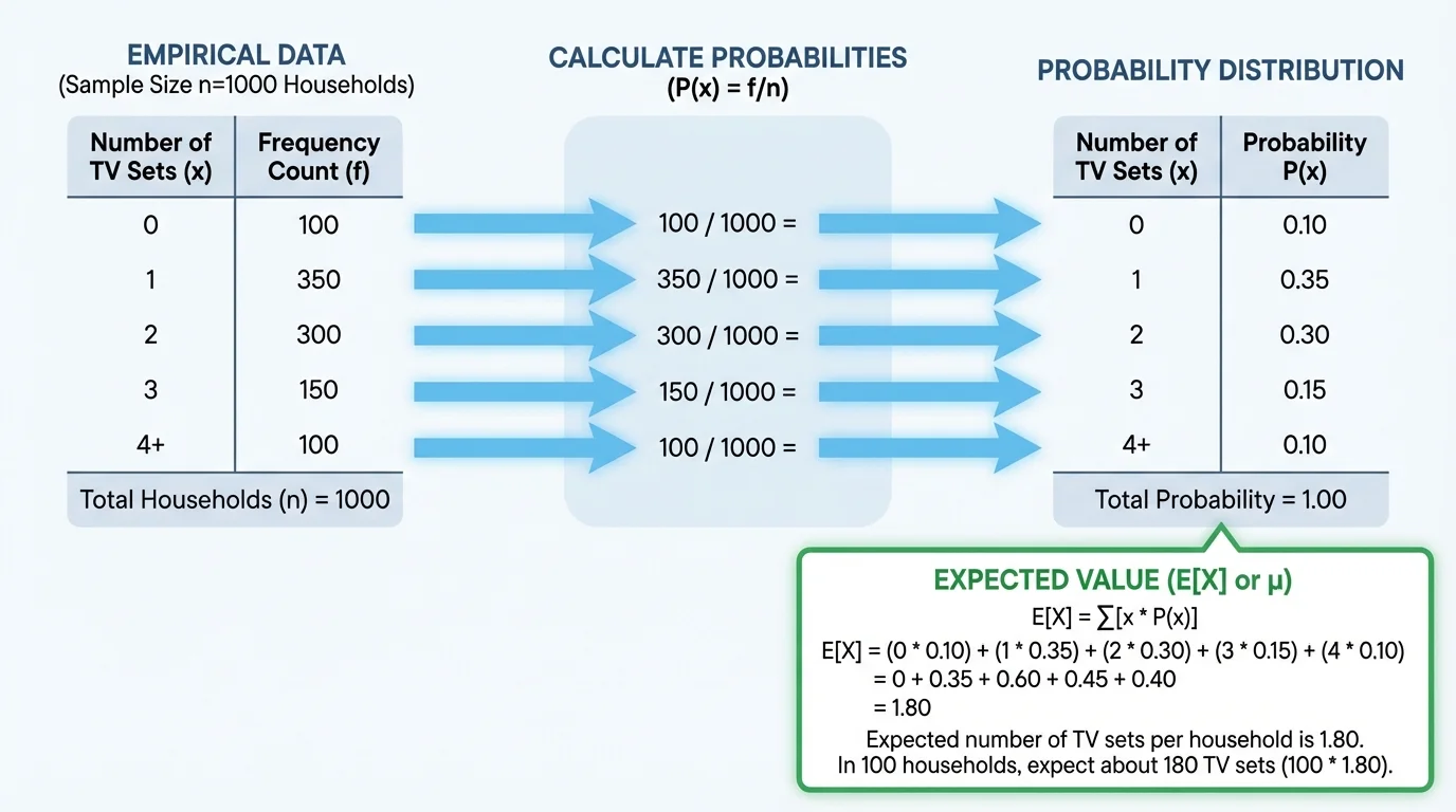 frequency counts for several categories with arrows showing each count divided by total sample size to produce probabilities