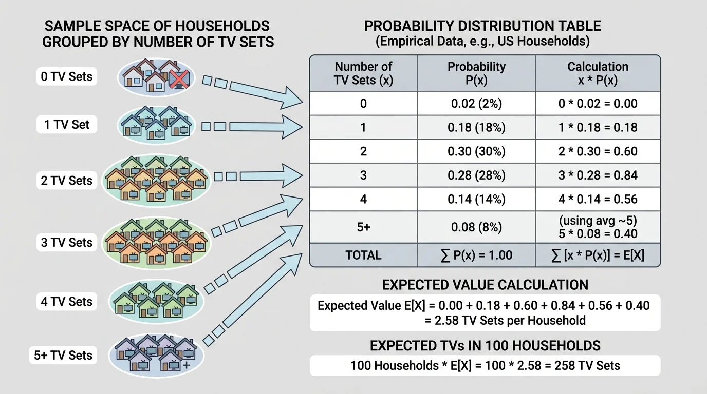 sample space of households grouped by number of TV sets, with arrows from groups labeled 0, 1, 2, 3, 4, 5+ into a probability distribution table