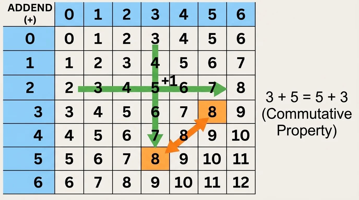 addition table grid with sums filled in, arrows showing sums increase by 1 across rows and down columns, matching pairs like 3 plus 5 and 5 plus 3 highlighted