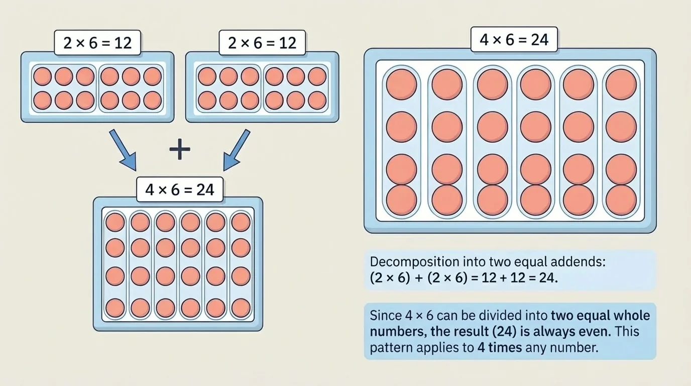 two equal rectangular groups each showing 2 times 6 counters, combined to make 4 times 6, with counters arranged in pairs