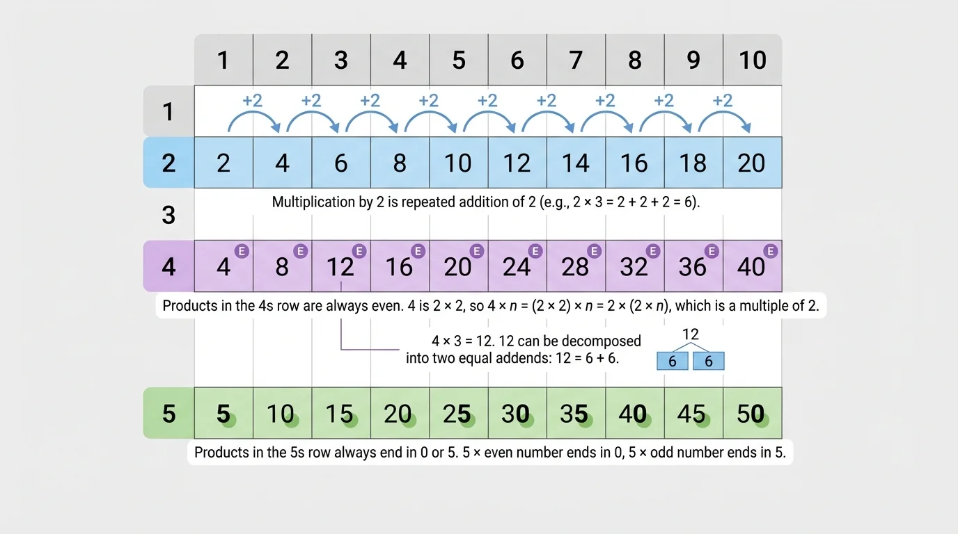 multiplication table with the 2s, 4s, and 5s rows highlighted, arrows showing equal jumps across rows, and even products marked in the 4s row