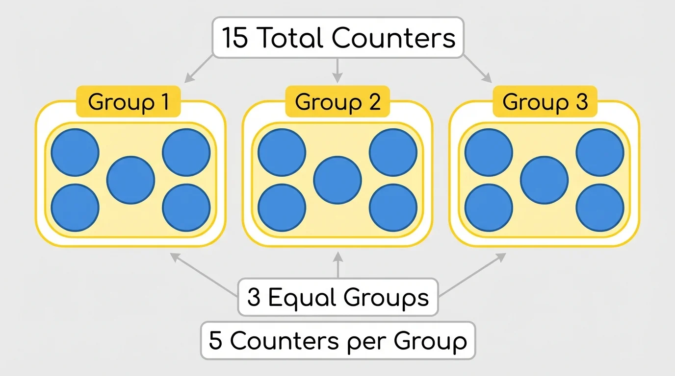 15 counters separated into 3 equal groups with 5 in each group