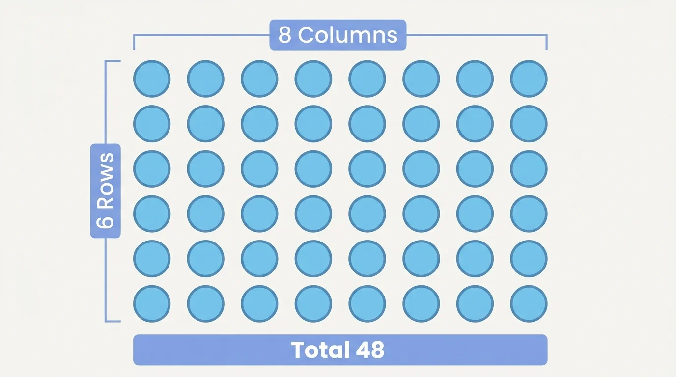 rectangular array with 6 rows and 8 columns of dots, labeled total 48