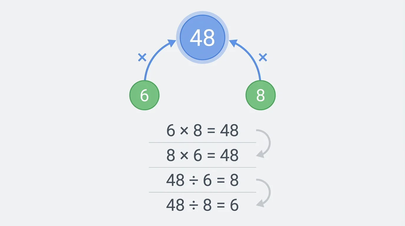 fact family diagram showing 6, 8, and 48 with multiplication and division relationships