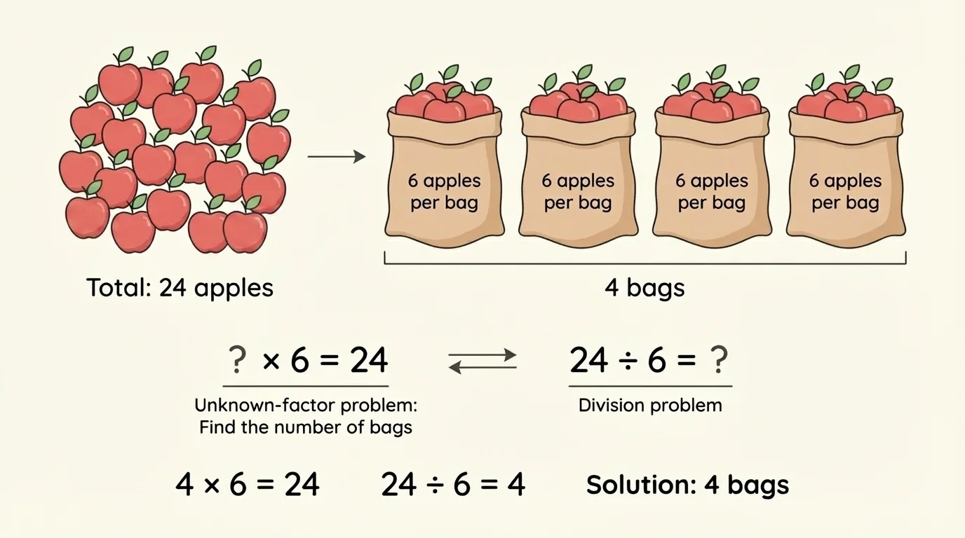 Illustration of 24 apples grouped into bags of 6 with 4 full bags visible