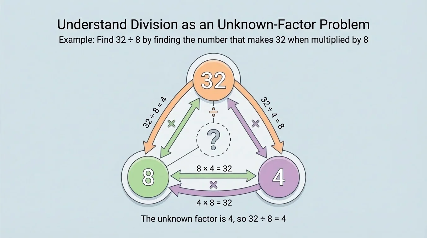 Fact family diagram linking 4, 8, and 32 with two multiplication and two division equations