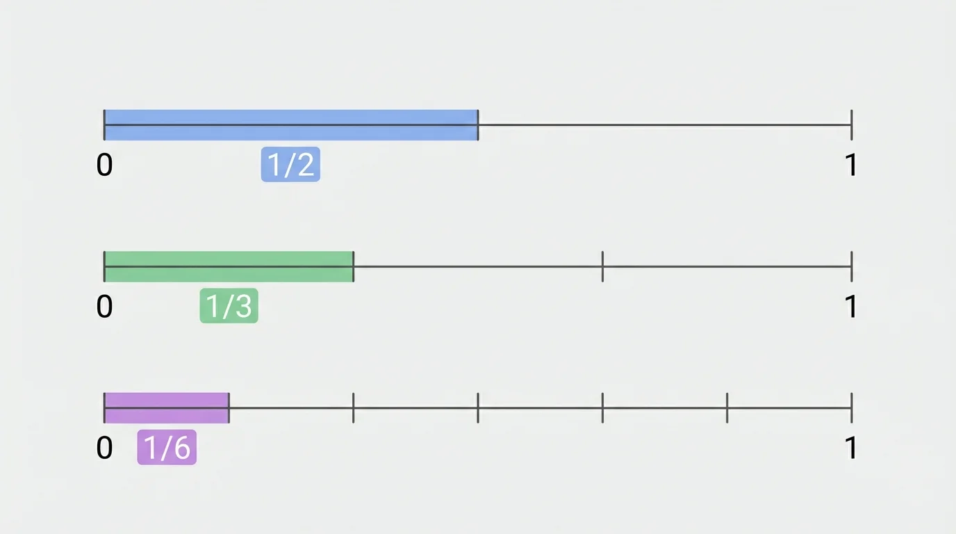 three stacked number lines from 0 to 1 divided into 2, 3, and 6 equal parts for comparing unit fractions, with the first part highlighted on each line