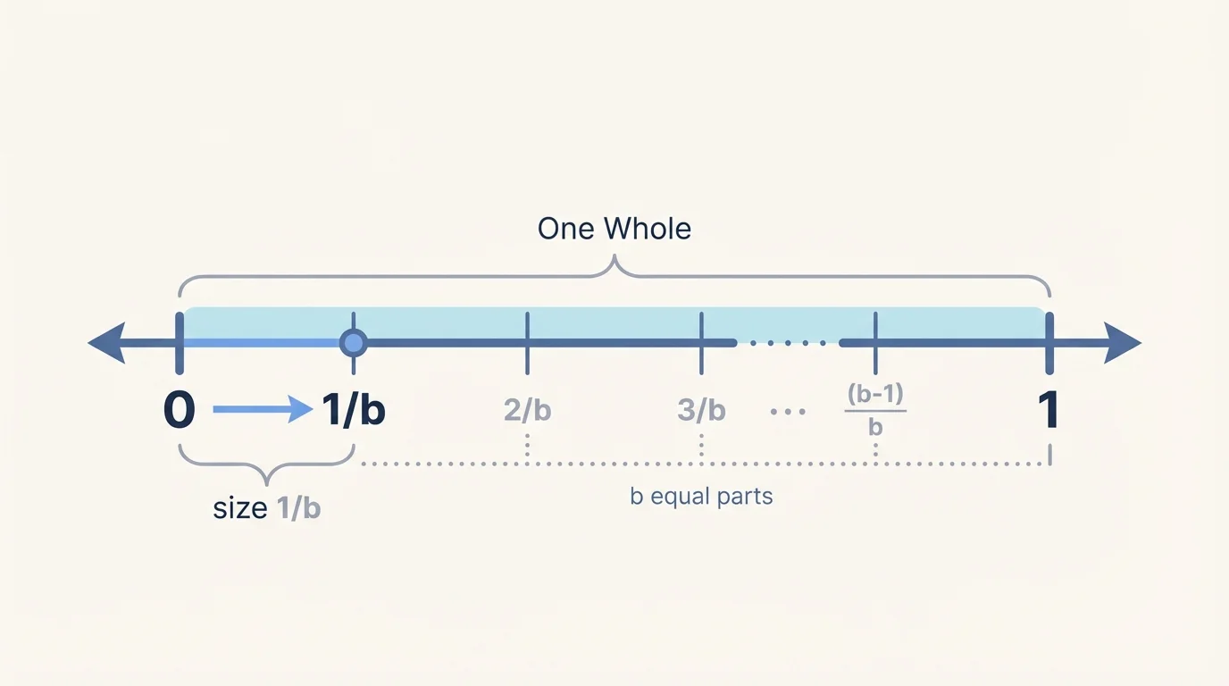 number line showing the segment from 0 to 1 highlighted as one whole with clear labels 0 and 1