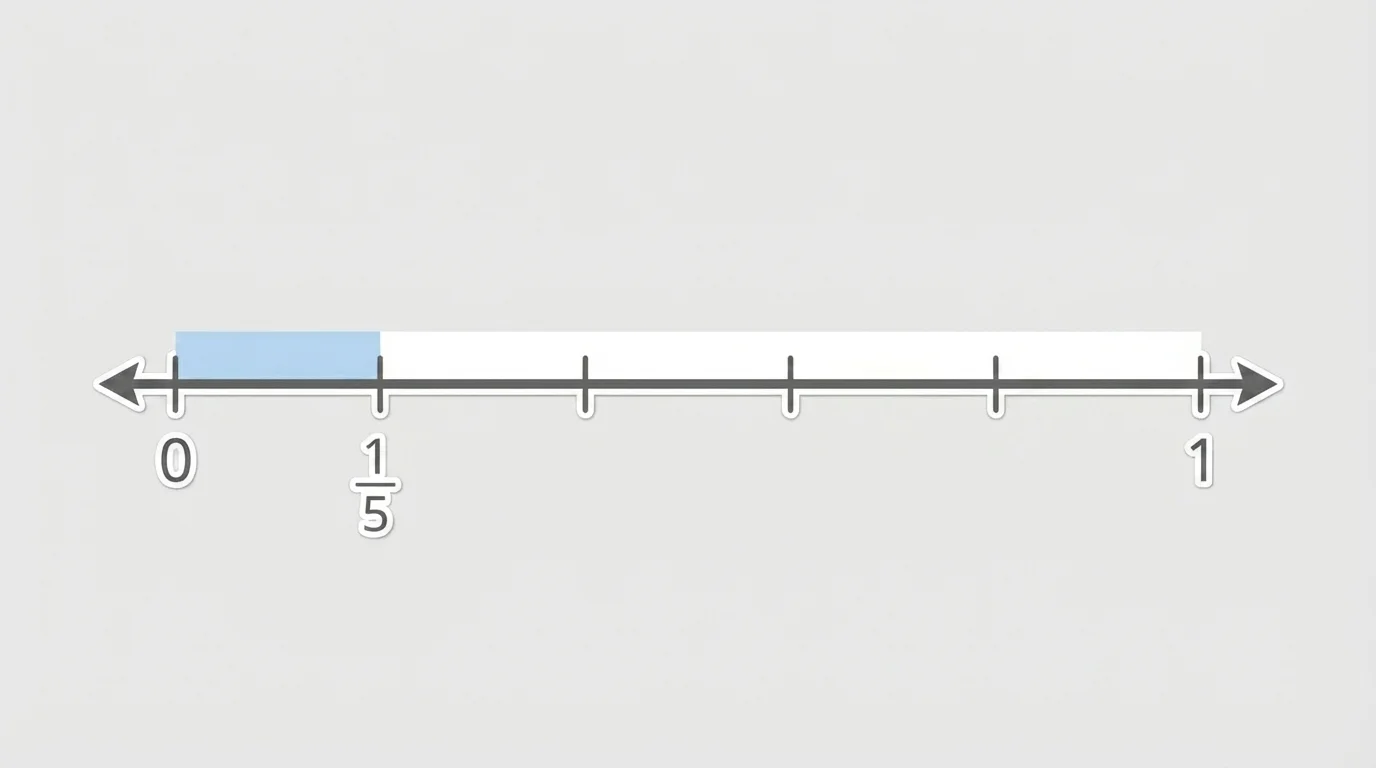 number line from 0 to 1 divided into five equal parts with the first segment shaded from 0 to the point for one-fifth and labels 0, 1/5, and 1