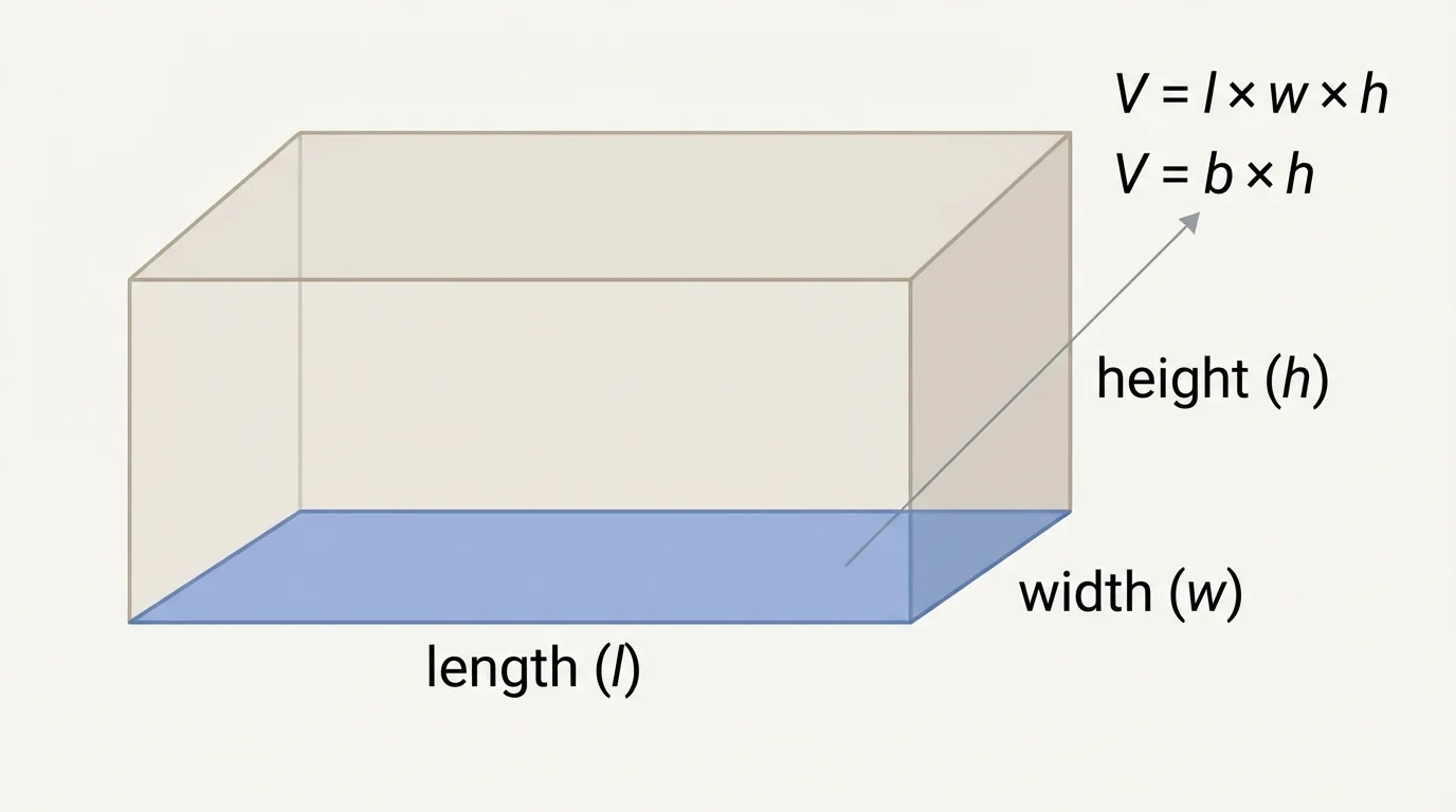 Right rectangular prism with front edges labeled length, width, and height, base shaded