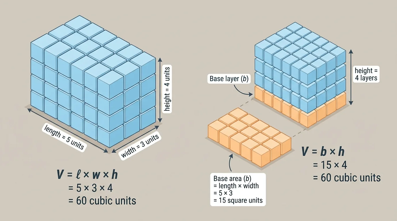 Rectangular prism made of unit cubes, one layer highlighted, rows and columns visible