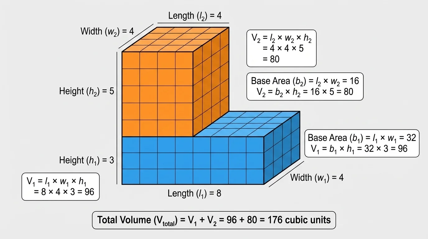 Composite rectangular solid divided into two smaller rectangular prisms with cut line shown