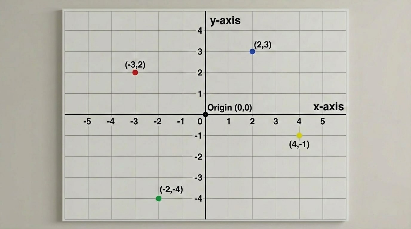 A full coordinate plane with x- and y-axes labeled, origin marked, and several points (2,3), (-3,2), (-2,-4), (4,-1) plotted and labeled