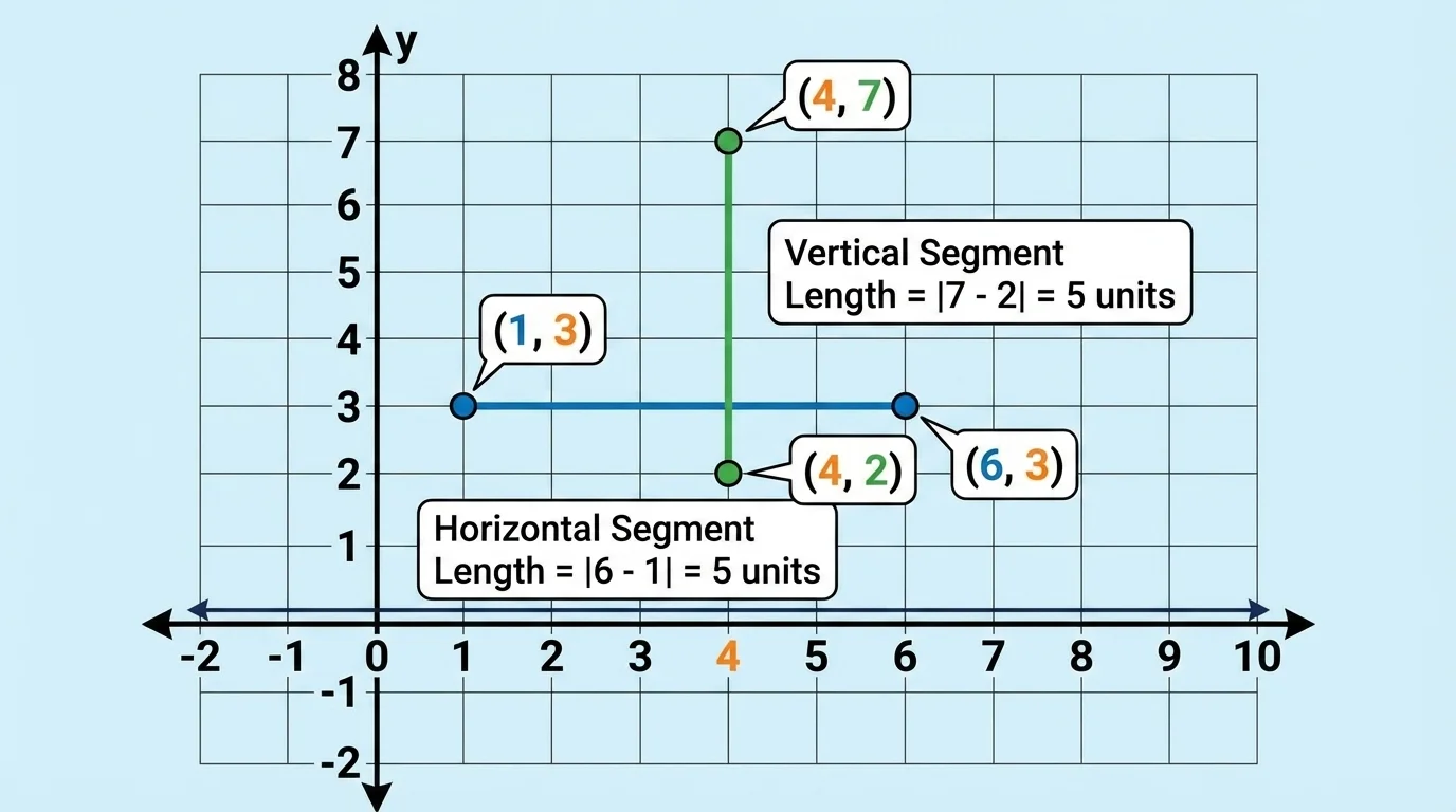 Coordinate plane with a horizontal segment from (1,3) to (6,3) and a vertical segment from (4,2) to (4,7), with matching coordinates highlighted