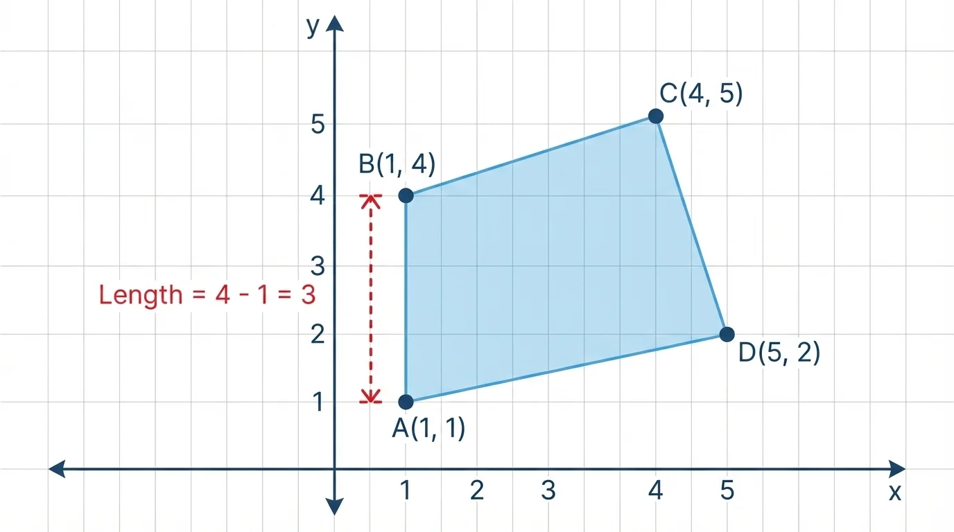 Coordinate grid showing points A(1,1), B(1,4), C(4,5), and D(5,2) connected in order to form a quadrilateral