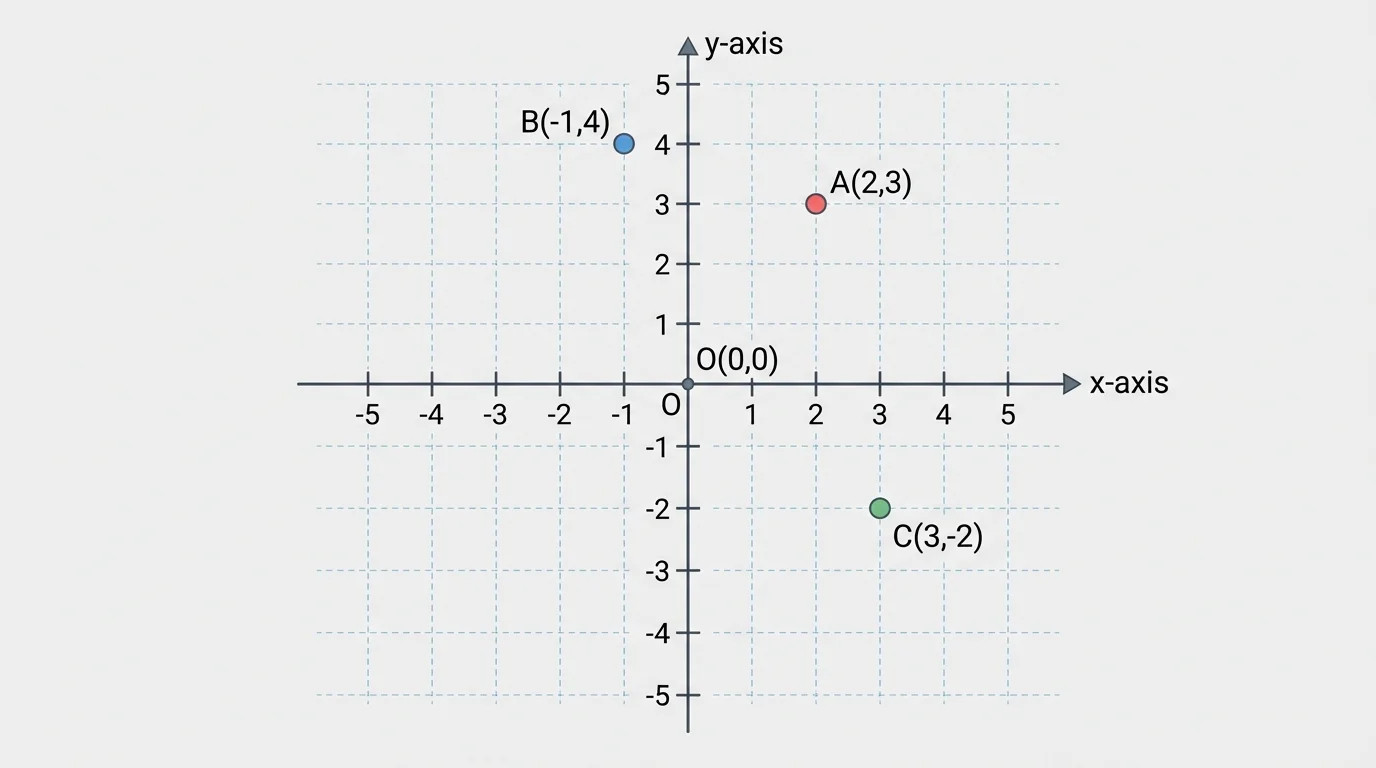 Coordinate plane with x-axis, y-axis, origin, and points A(2,3), B(-1,4), and C(3,-2) plotted and labeled