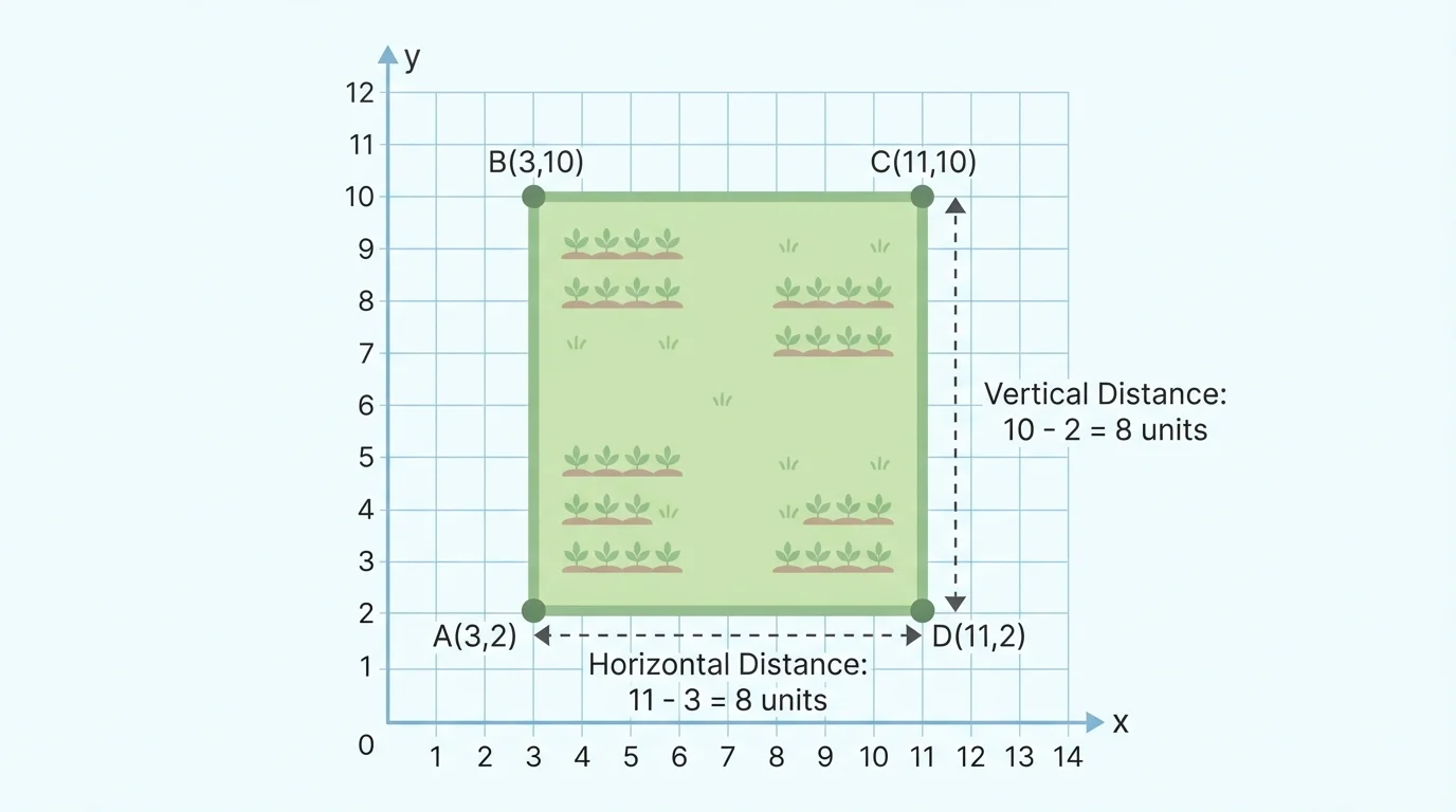Coordinate grid showing a square garden with vertices (3,2), (3,10), (11,10), and (11,2), with horizontal and vertical distances indicated visually