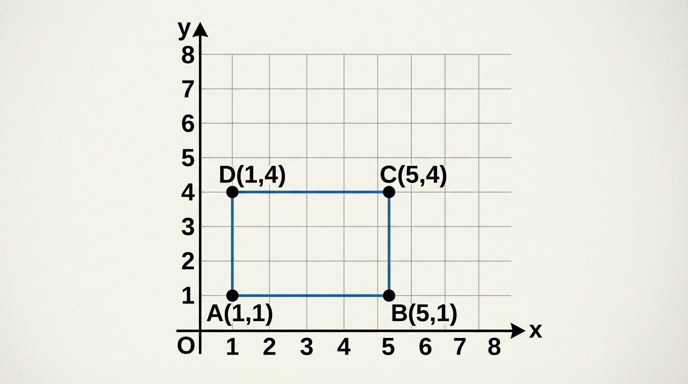 Coordinate plane focusing on first quadrant with points A(1,1), B(5,1), C(5,4), D(1,4) plotted, labeled, and connected to form a rectangle ABCD