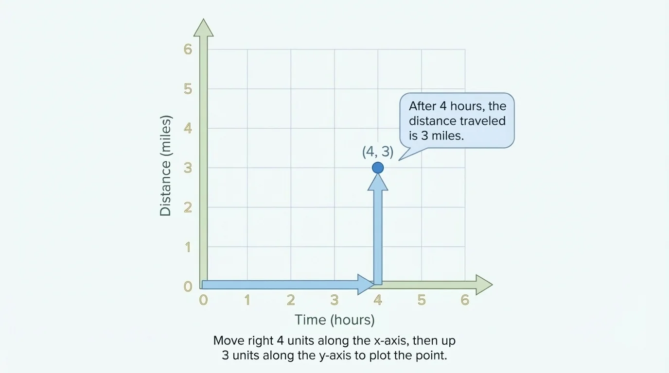 Coordinate plane showing arrows moving right along x-axis and then up along y-axis to plot a point such as (4,3)
