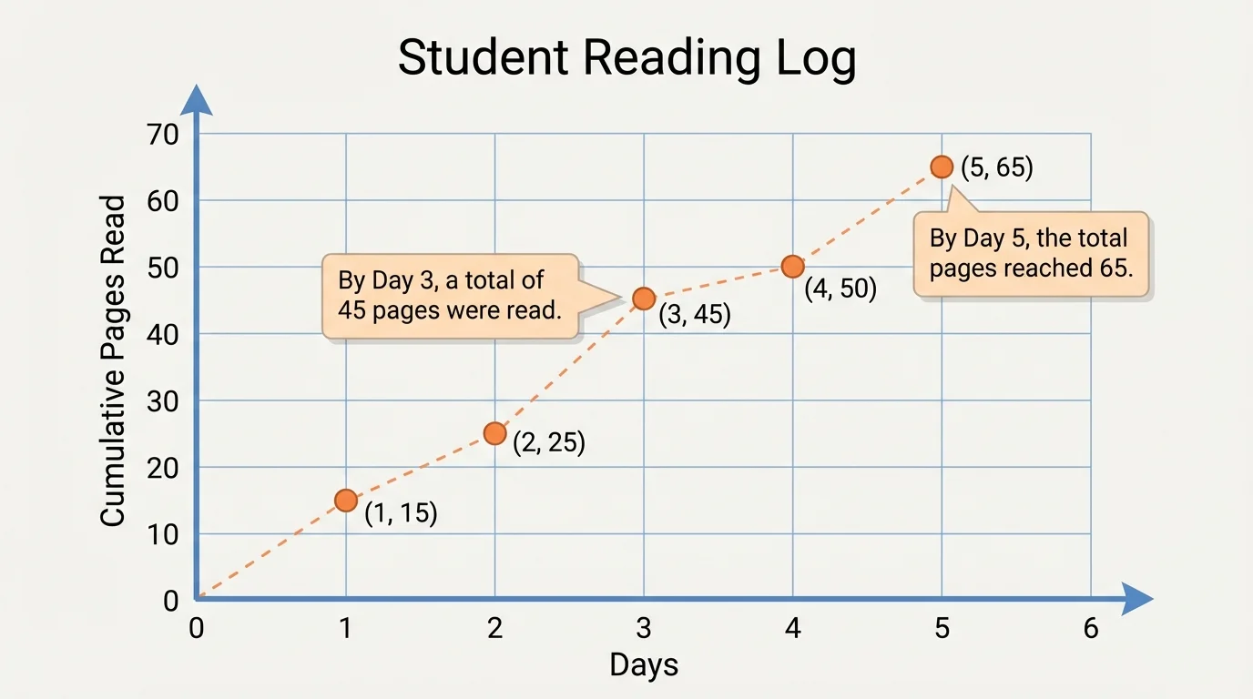 First-quadrant graph with days on x-axis, pages read on y-axis, and plotted points for a student reading log
