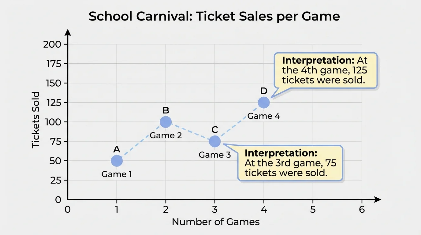 First-quadrant graph with games on x-axis, tickets sold on y-axis, and points from a small ticket-sales story problem