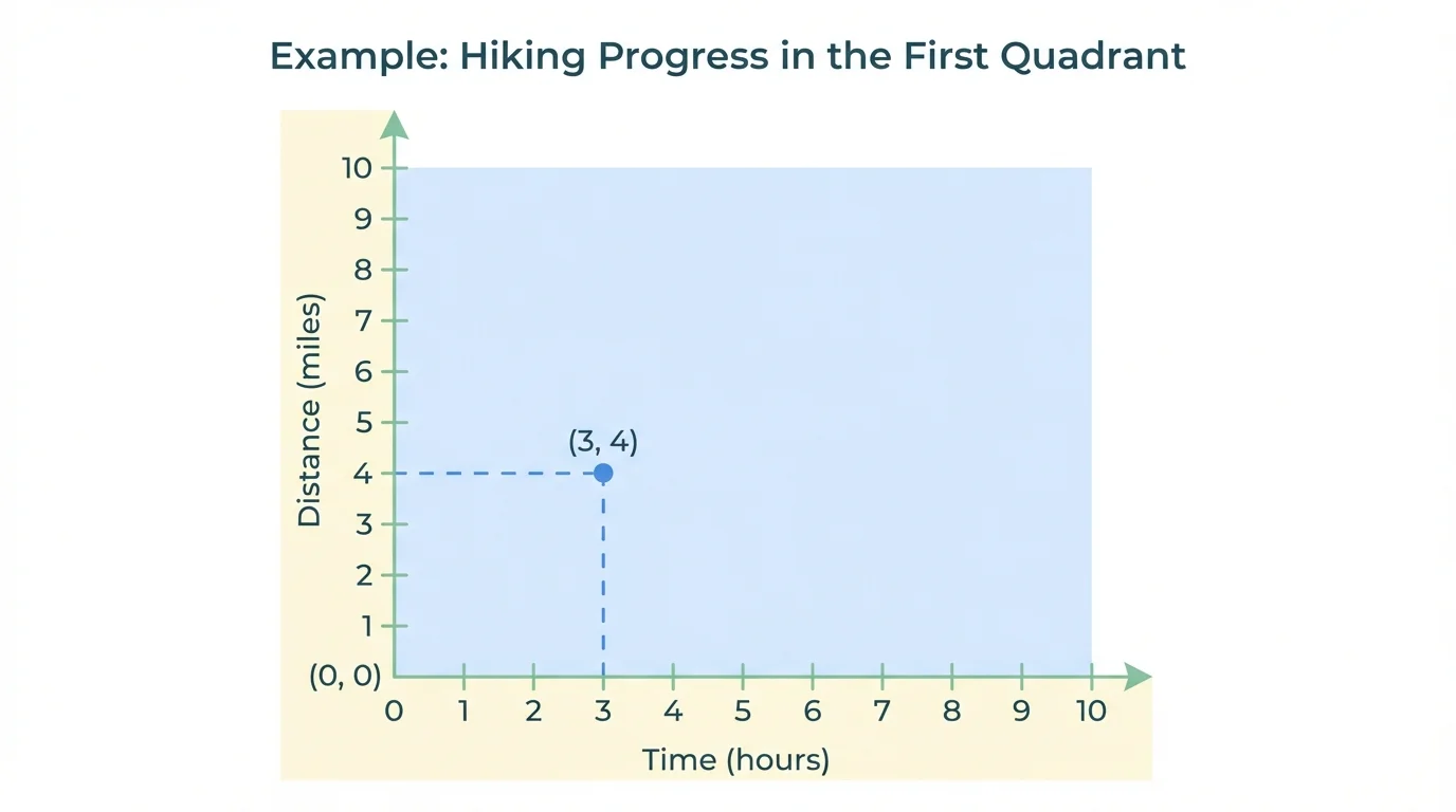 Coordinate plane with horizontal x-axis, vertical y-axis, origin at bottom-left, first quadrant shaded, and one point labeled with its ordered pair