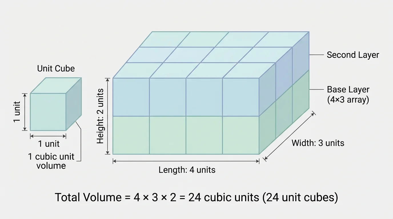 prism made of unit cubes with base array and stacked layers, showing 4 by 3 cubes per layer and 2 layers total