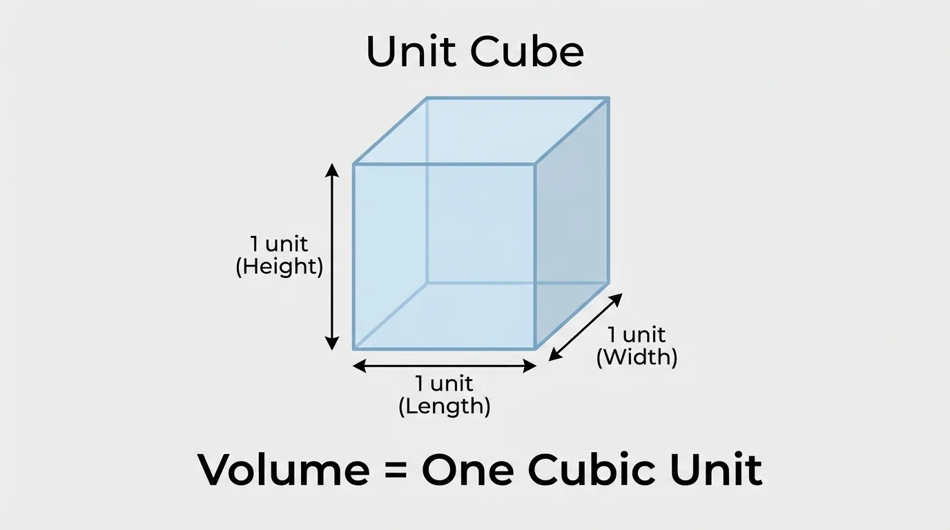 cube with all three edges labeled 1 unit, showing length, width, and height, representing one cubic unit