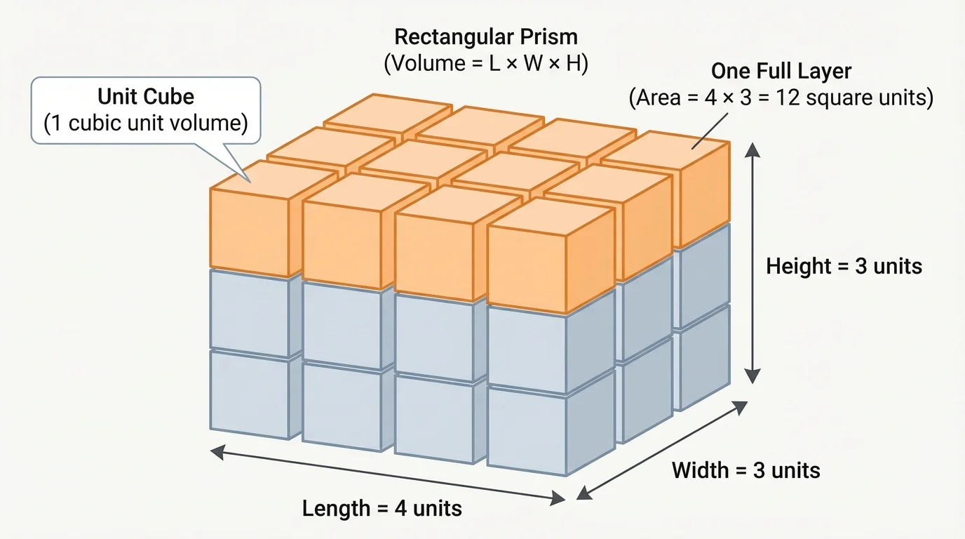 rectangular prism built from unit cubes, with one full layer highlighted and cube counts visible along length, width, and height