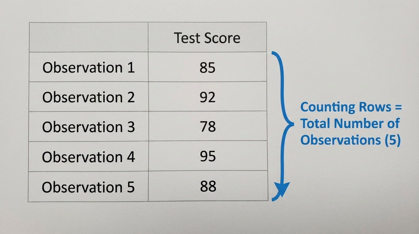 A simple table showing students' test scores with each row labeled as Observation 1, Observation 2, etc., and a bracket or arrow showing how counting the rows gives the total number of observations