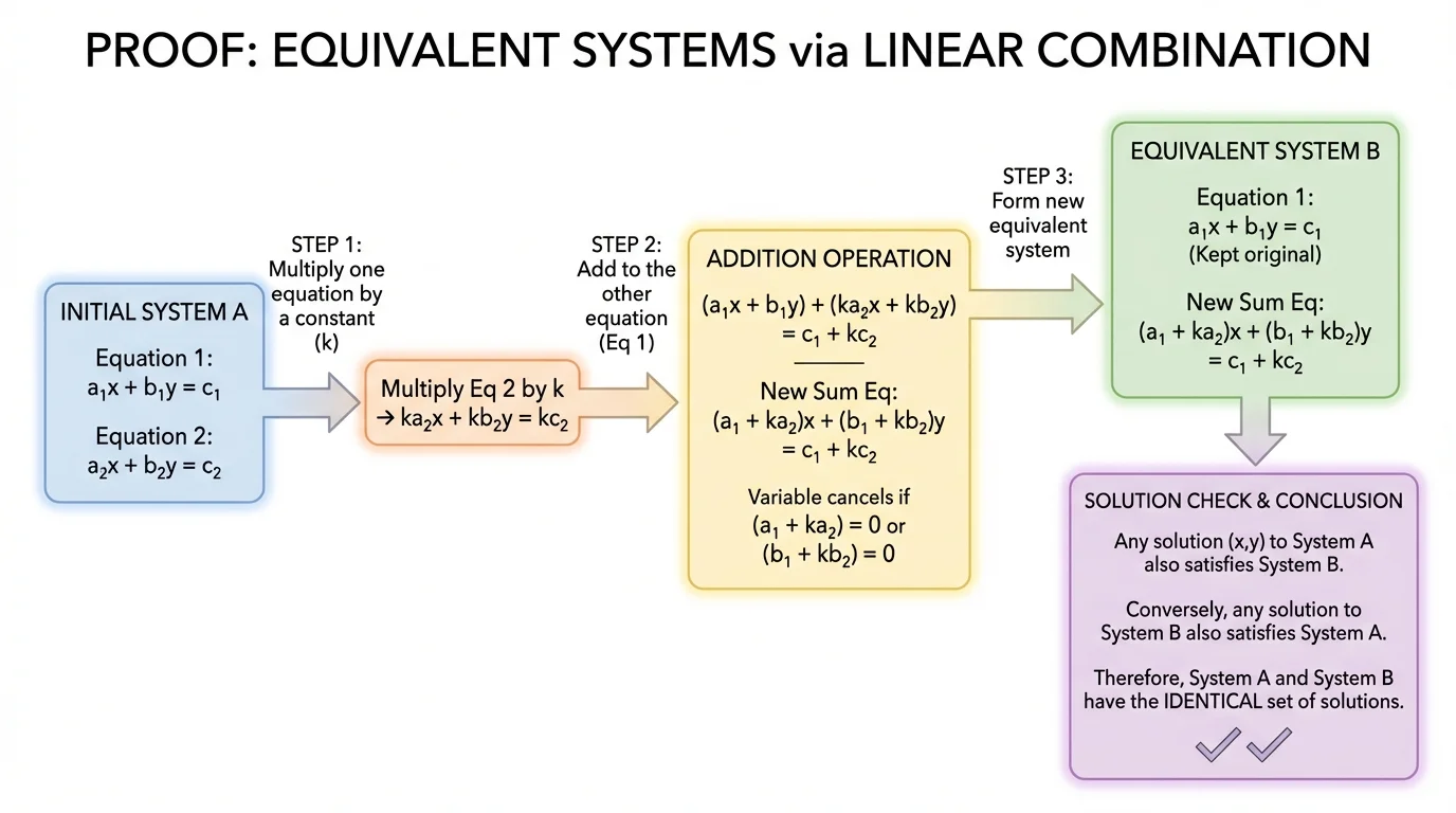 step-by-step flowchart showing two starting equations, multiplying one equation by a constant, adding equations, and obtaining a new equivalent system where one variable cancels